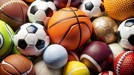 Colorful assortment of soccer, basketball, tennis, and baseball sports balls for sports enthusiasts and players, sports