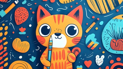 Cute Cat with Pencil Illustration.