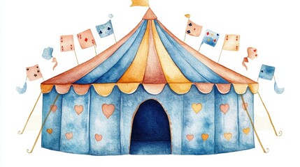 Obraz premium A watercolor circus tent with playing cards, cartoon style, isolated on white background 