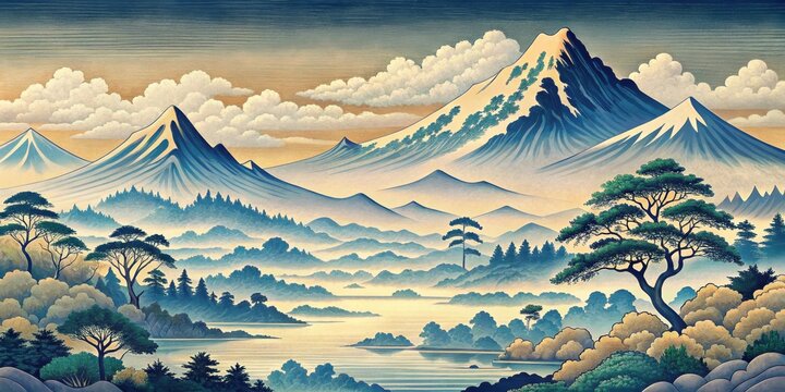 Japanese ukiyo-e style art print featuring a serene landscape with mountains, clouds, and trees, Japanese, ukiyo-e