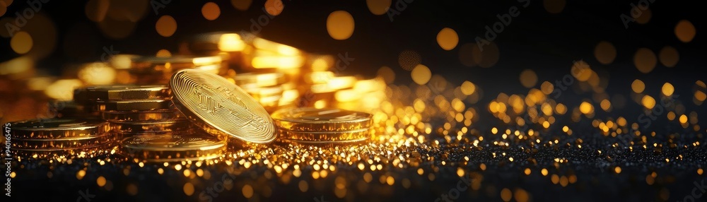 Poster a pile of shimmering gold coins against a dark backdrop, creating a sense of wealth and luxury with 