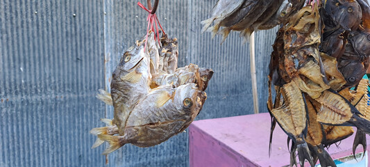 Close up of Dried fish for sale in Thai market.