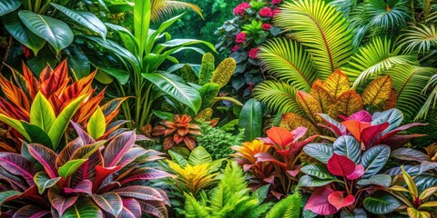 Fototapeta premium Colorful tropical plants and leaves background for vibrant botanical gardening decor, Colorful, leaves, tropical plants