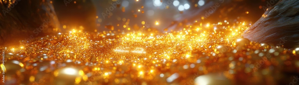 Poster a mesmerizing close-up of sparkling golden particles, creating a magical atmosphere with a soft, glo