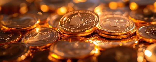Shimmering golden coins stacked closely together, creating a rich and luxurious atmosphere. Perfect for finance or wealth concepts.