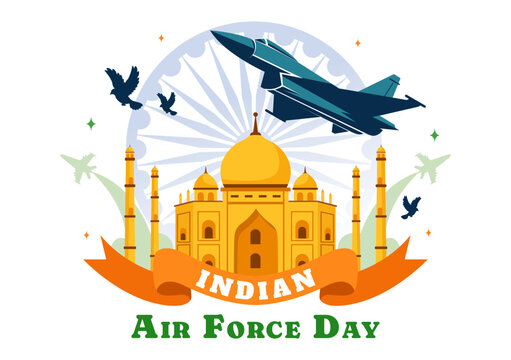Indian Air Force Day Vector Illustration on 8th October, featuring a Waving Flag, Armed Forces, and Fighter Jet in a National Holiday Flat Background
