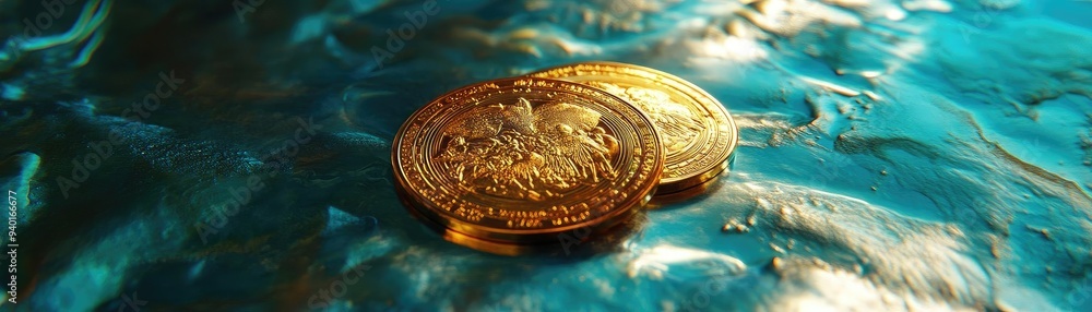 Poster close-up of shimmering gold coins resting on a reflective surface, creating a captivating and luxuri