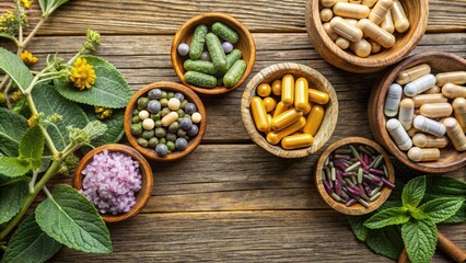 Comparison between traditional herbal medicine and modern pills for health treatment , Herbal, medicine, traditional