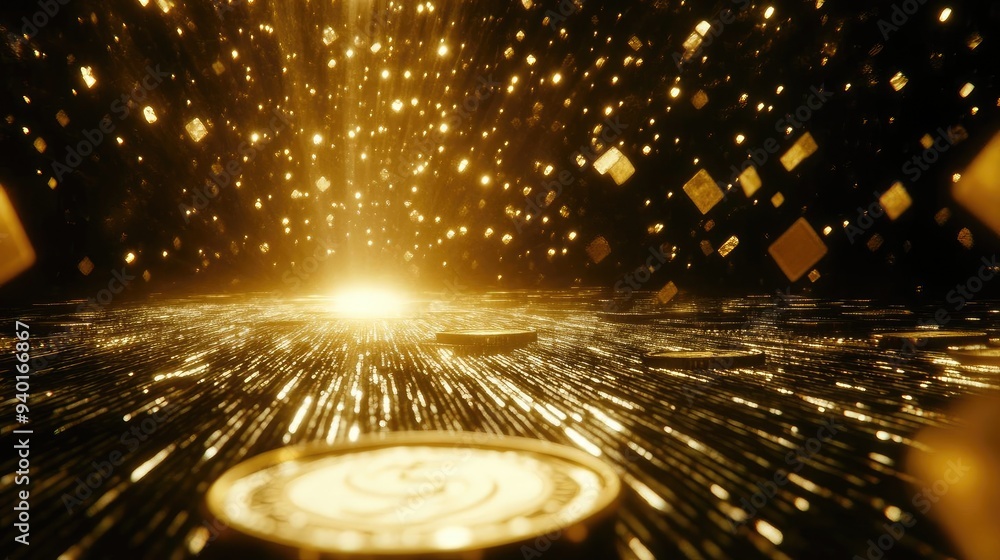 Poster dazzling golden light shines through a sea of sparkling particles, creating a mesmerizing and luxuri