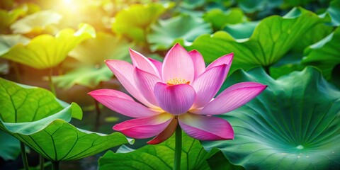 Obraz premium Vibrant pink lotus flower blooming in a peaceful pond surrounded by green leaves, lotus, flower, pink, water, pond, nature