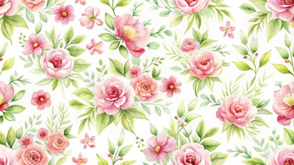 Delicate seamless floral pattern with pink and green watercolor flowers on a white background, flowers, seamless, floral