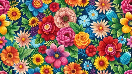 Seamless pattern featuring colorful flowers, floral, nature, background, design, print, texture, decoration, seamless