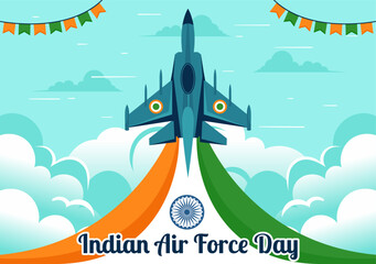 Indian Air Force Day Vector Illustration on 8th October, featuring a Waving Flag, Armed Forces, and Fighter Jet in a National Holiday Flat Background