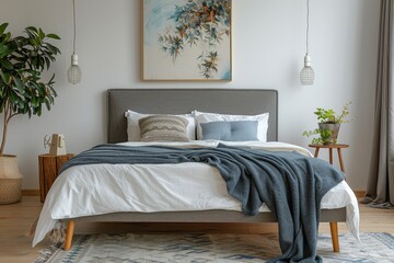 Modern dark grey fabric bed with wooden legs and large headboard, featuring soft white sheets in a Scandinavian bedroom design.