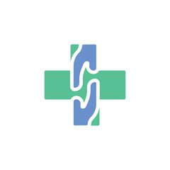 Medical cross symbol with two hands logo