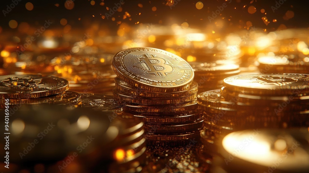 Poster a stunning close-up of shiny bitcoin coins stacked with a magical background of glimmering lights an