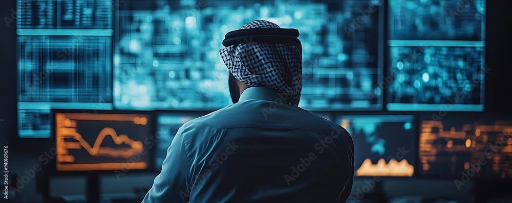 Aufkleber man in keffiyeh looking at multiple computer screens - realistic image