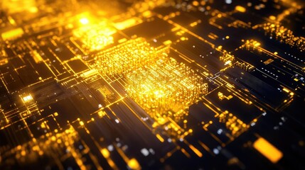 Fototapeta premium Close-up view of a glowing circuit board with intricate designs, showcasing modern technology and electronic connectivity.