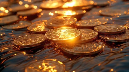 Stunning close-up of shining coins shimmering on the water surface, reflecting warm sunlight, evoking abundance and wealth.