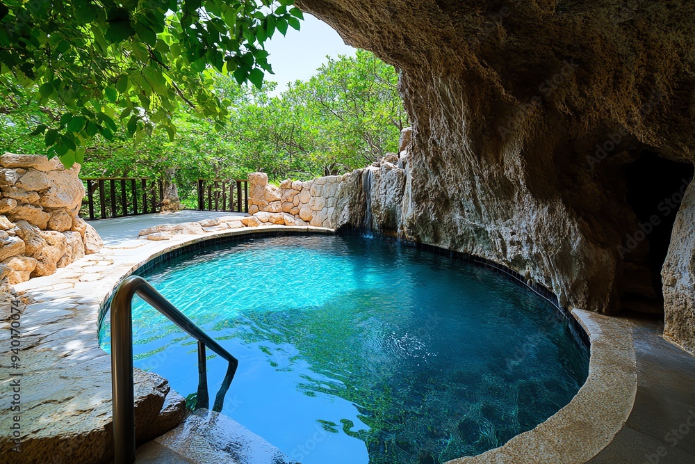 Poster a hot spring pool set in a rocky grotto, with natural light filtering through a small opening above