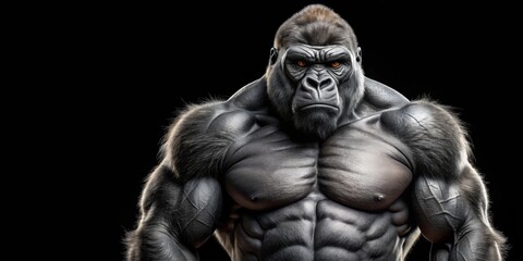 Muscular gorilla standing on a black background, gorilla, strong, powerful, animal, wildlife, mammal, black background