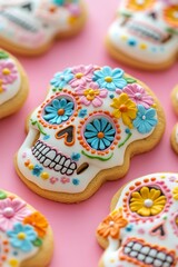 A photo of sugar skull shaped cookies decorated with colorful flowers, dia de los muertos theme, on a pink background