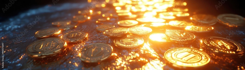 Aufkleber close-up of shining coins reflecting warm light, creating an enchanting and vibrant scene of wealth 