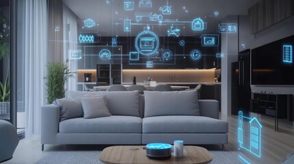 AI-driven home assistant controlling smart devices, AI smart home, Centralized digital management.