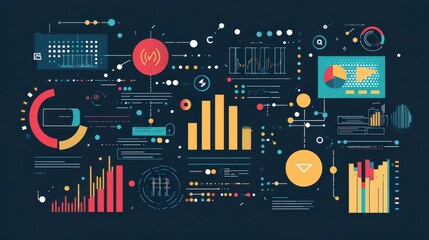 Modern Data Analytics Flat Design with Charts, Graphs, and Binary Code Illustration