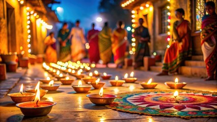 Village celebration with candles during Diwali, festive, tradition, Indian culture, holiday, illuminated