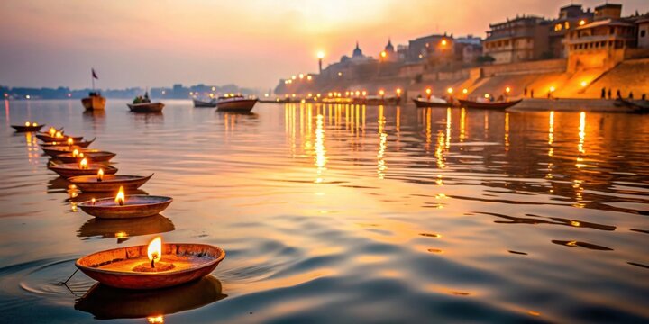 Tranquil scene of Ganges River with floating Diwali lamps, serene, Ganges River, Diwali, lamps, floating, candles