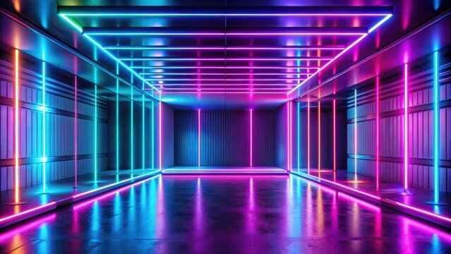 Abstract empty interior with neon lighting and decorative elements, rendering, HDRI, environment map, 360 degree, spherical