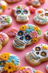 A photo of sugar skull shaped cookies decorated with colorful flowers, dia de los muertos theme, on a pink background
