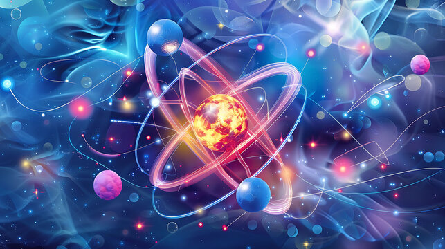 Schematic representation of various particles such as protons neutrons and electrons in an atom