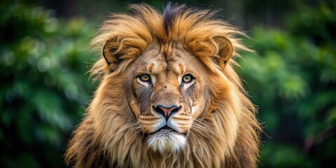 Close-up photo of a majestic lion in the wild, showcasing its fierce expression and powerful presence , wildlife, predator