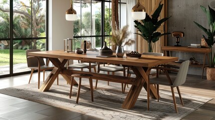 Wooden Dining Table with Chairs and Rug