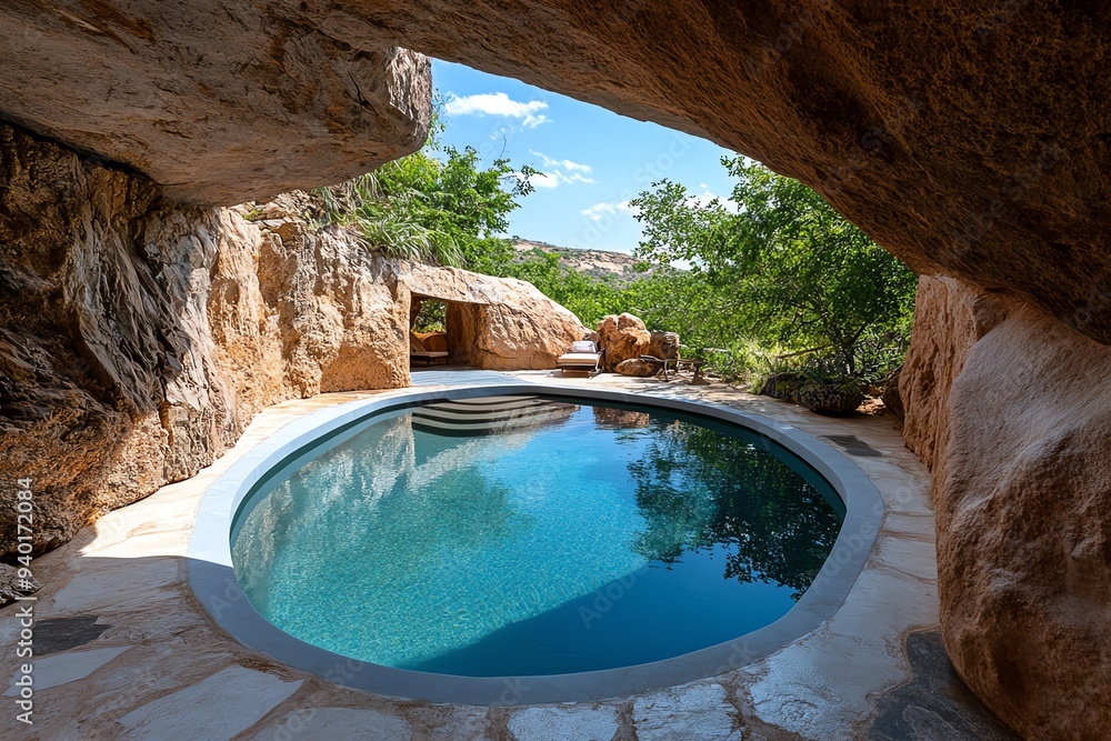 Poster a hot spring pool set in a rocky grotto, with natural light filtering through a small opening above
