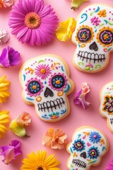 A photo of sugar skull shaped cookies decorated with colorful flowers, dia de los muertos theme, on a pink background