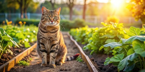 Brown tabby Scottish cat in garden amongst vegetable beds under morning sun, Scottish, cat