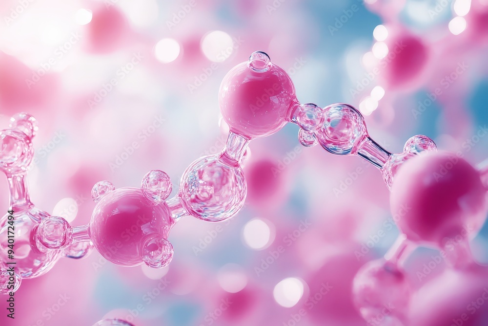 Poster pink molecular dance: a vibrant 3d render of a molecule, its pink atoms linked by shimmering bonds, 