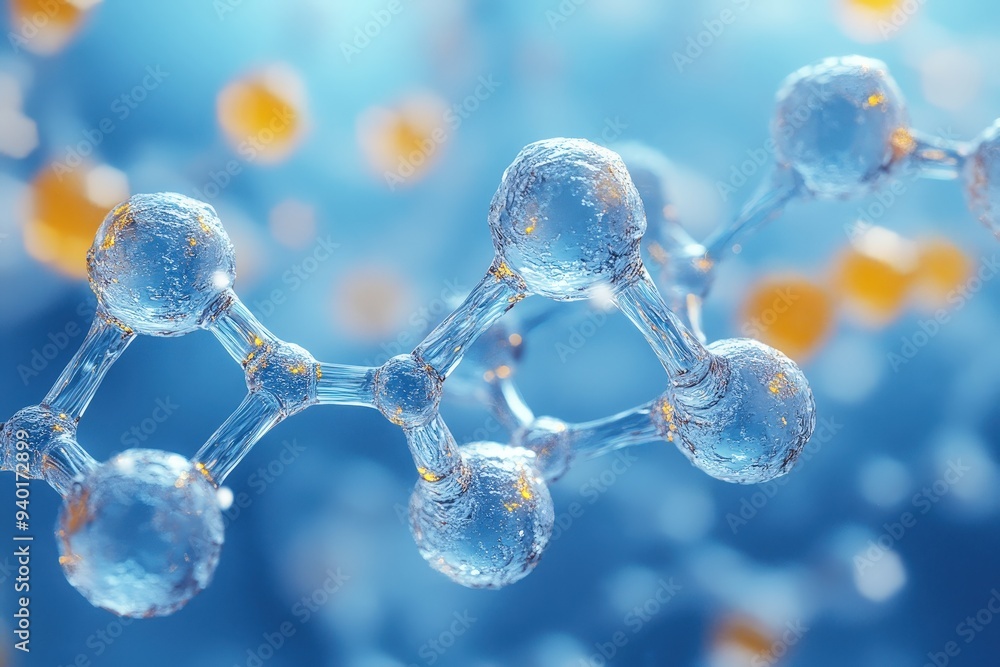 Poster molecular bonds: a captivating macro image of a molecular structure against a vibrant blue backgroun