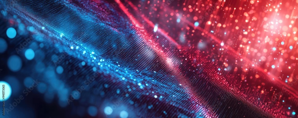 Poster vibrant abstract background featuring dynamic waves of red and blue light, enhanced by shimmering pa