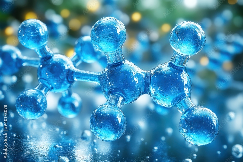 Poster molecular structure: a captivating close-up of a crystalline blue molecule, its interconnected spher
