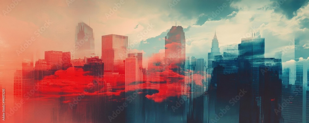 Poster an abstract cityscape showcasing a dynamic blend of colors and shapes, creating a moody urban atmosp
