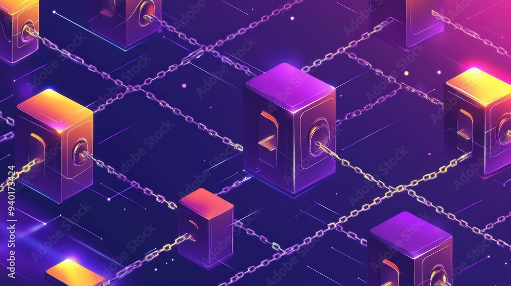 Poster digital blockchain technology illustration with interconnected blocks and chains.