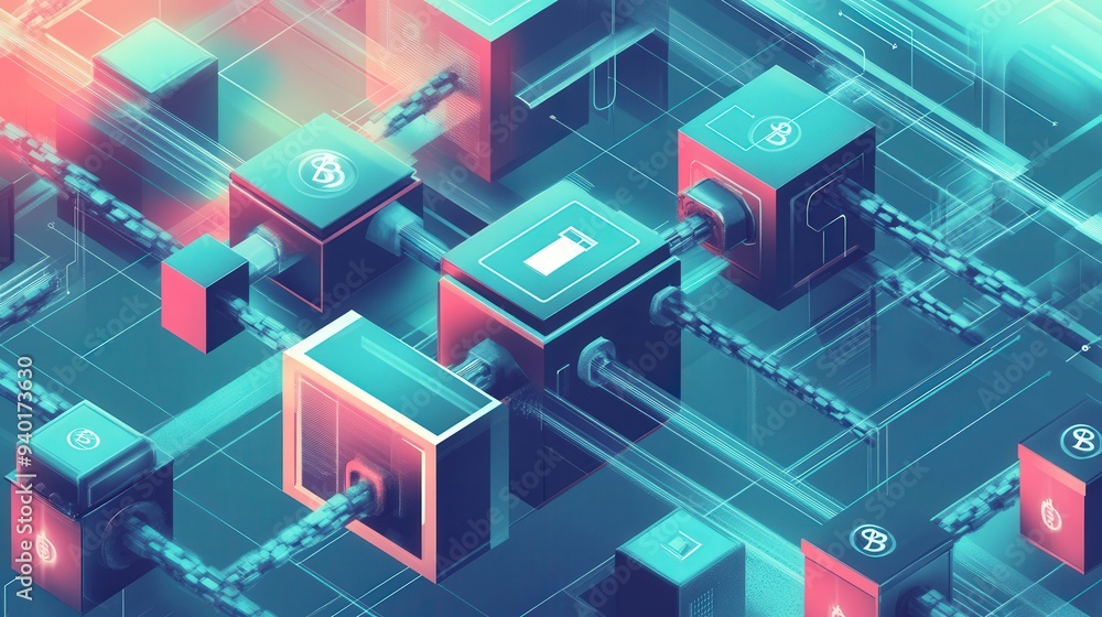 Poster modern flat design blockchain illustration with interconnected blocks and chains