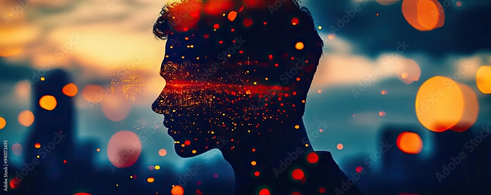 Poster a creative silhouette of a person with glowing bokeh effects, symbolizing introspection and imaginat