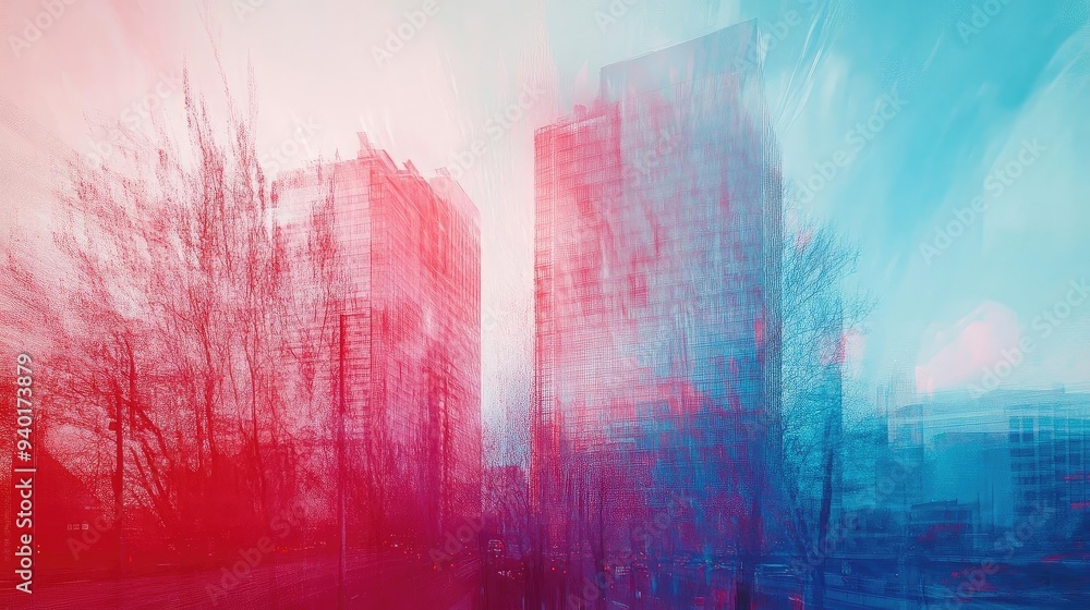 Poster a vibrant abstract representation of urban architecture featuring a dynamic blend of red and blue hu