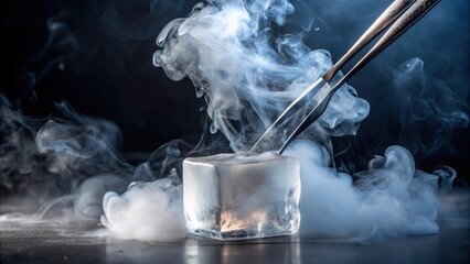 Naklejka premium Tweezers holding dry ice block creating smoke, tweezers, holding, dry ice, block, smoke, mist, fog, cold, frozen, carbon dioxide
