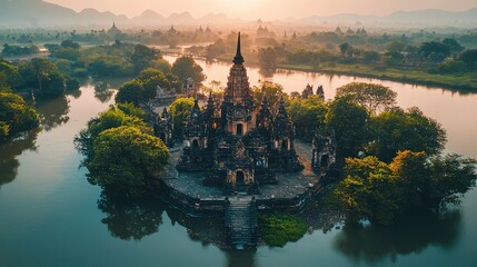 Aerial view of serene temple surrounded by lush greenery and water at sunrise